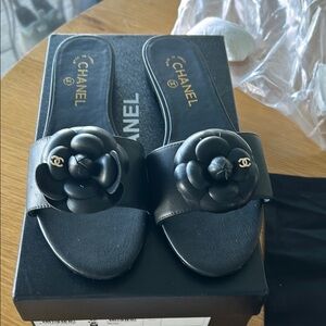 Chanel Black Floral Slide Sandals